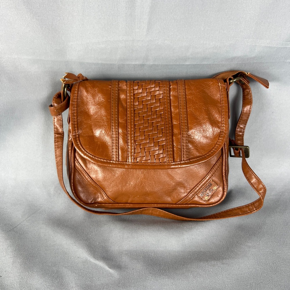 American West Messenger Bag Women Brown Woven Faux Leather Crossbody Straps Boho
